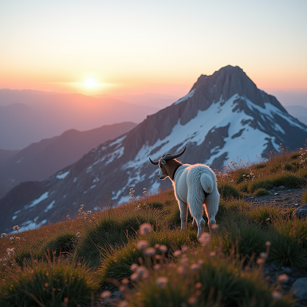 The image captures a stunning mountain landscape bathed in the warm colors of a setting sun. A goat with prominent curved horns stands in the foreground on a grassy, flower-dotted slope. The background features a snow-capped mountain peak, creating a majestic and tranquil scene. The sky is painted in hues of orange and pink, adding to the serene and picturesque atmosphere.