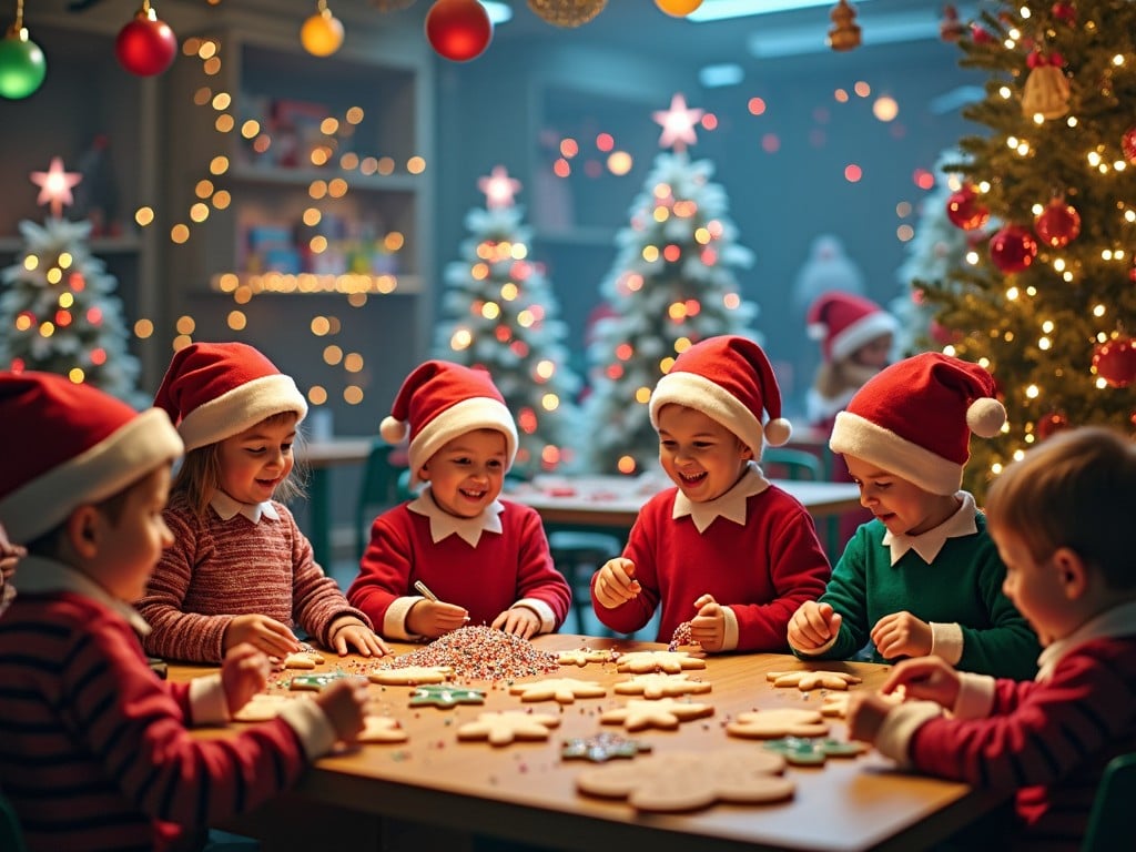 A group of children smiling and enjoying themselves while decorating cookies for Christmas. They are seated around a festive table filled with cookie shapes and decorating materials. Each child wears a Santa hat and festive clothing. The background features beautifully decorated Christmas trees and twinkling lights, creating a warm and cheerful atmosphere. The scene evokes feelings of joy and excitement associated with the holiday season. Soft lighting enhances the festive ambiance, making everything appear cozy.