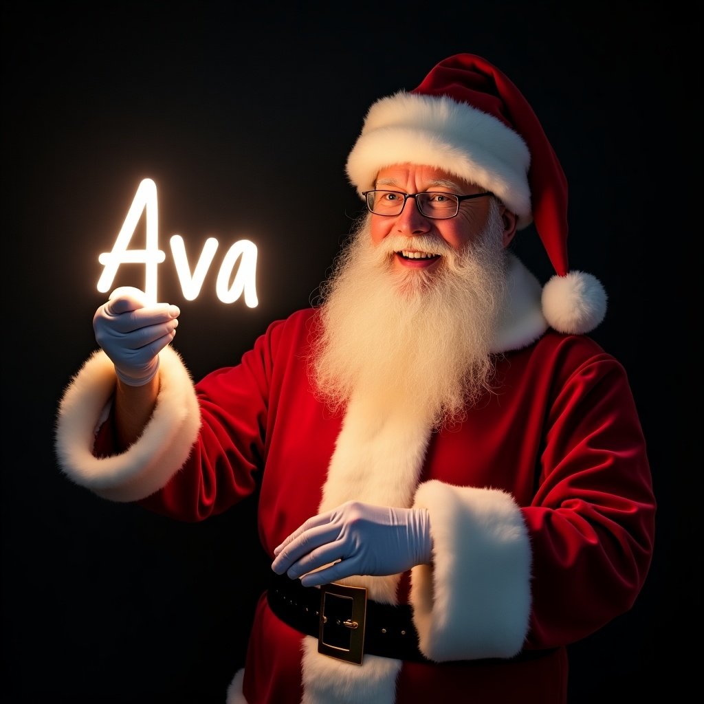 This image features Santa Claus in his classic red suit, wearing a white fluffy hat. He holds a glow stick that creatively forms the name 'Ava' in bright light. Santa's jolly expression radiates warmth and festive cheer. The dark background enhances the glow of the letters, making them stand out. This scene captures the essence of Christmas magic, perfect for celebrating the joyful season.