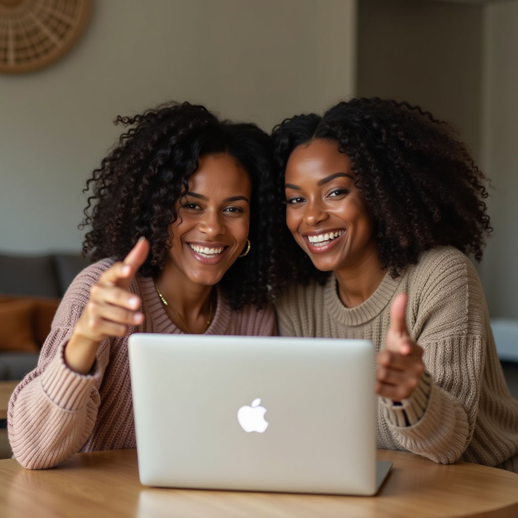 Two people smiling and pointing at a laptop screen, sharing a joyful moment.