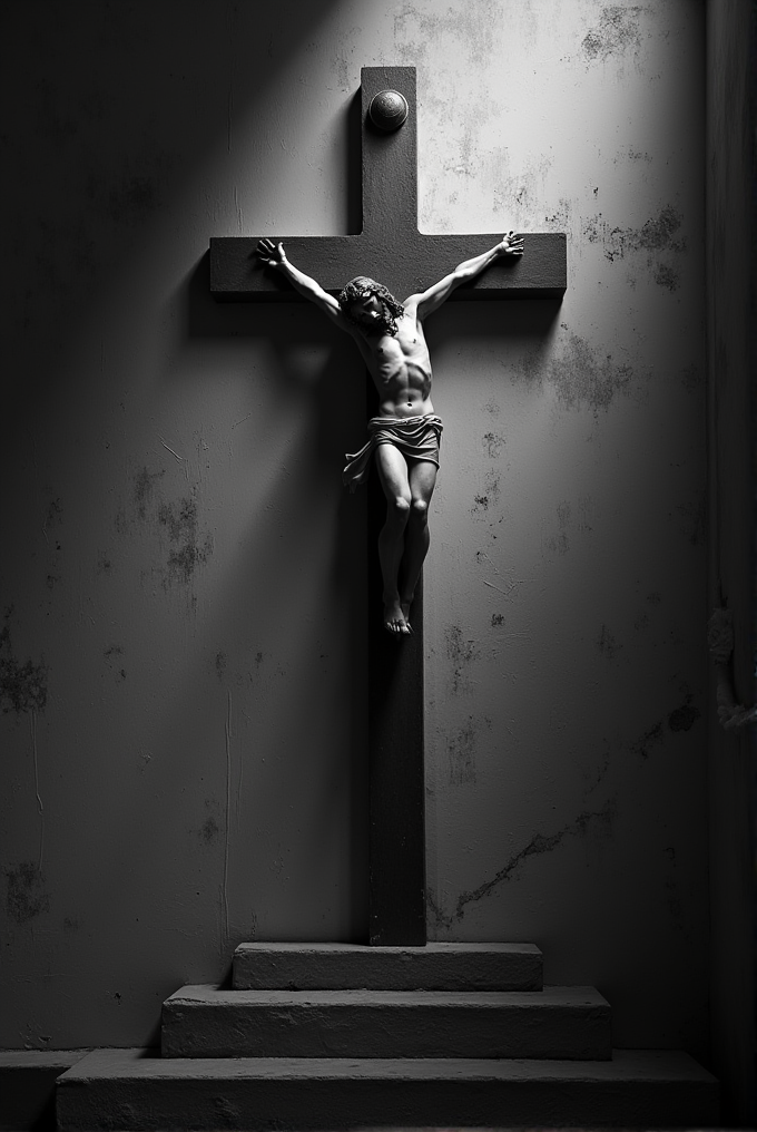 A monochromatic depiction of a figure on a cross in a dimly lit environment.