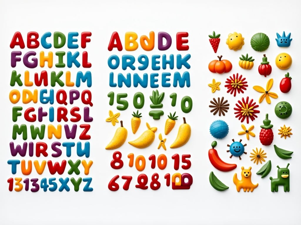 The image showcases a collection of colorful plastic letters, numbers, and various playful shapes. The letters and numbers are presented on a white background, making them stand out vibrantly. The arrangement includes uppercase letters on the left, numbers in the center, and an assortment of shapes on the right. Shapes include fruits, animals, and objects, adding a fun, educational element. This visual is ideal for engaging young children in learning their letters and numbers while sparking creativity.