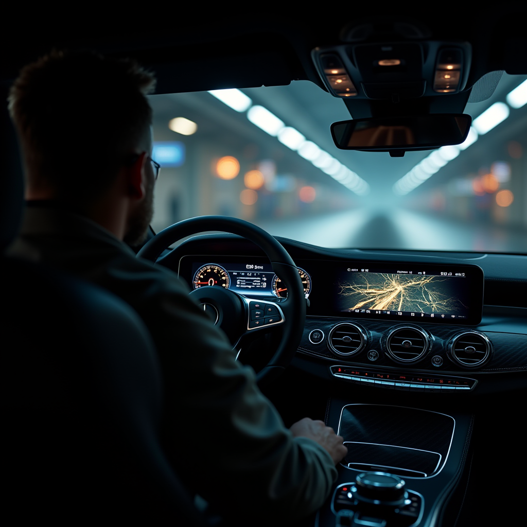 A person drives through a futuristic tunnel, with a high-tech dashboard displaying digital maps.