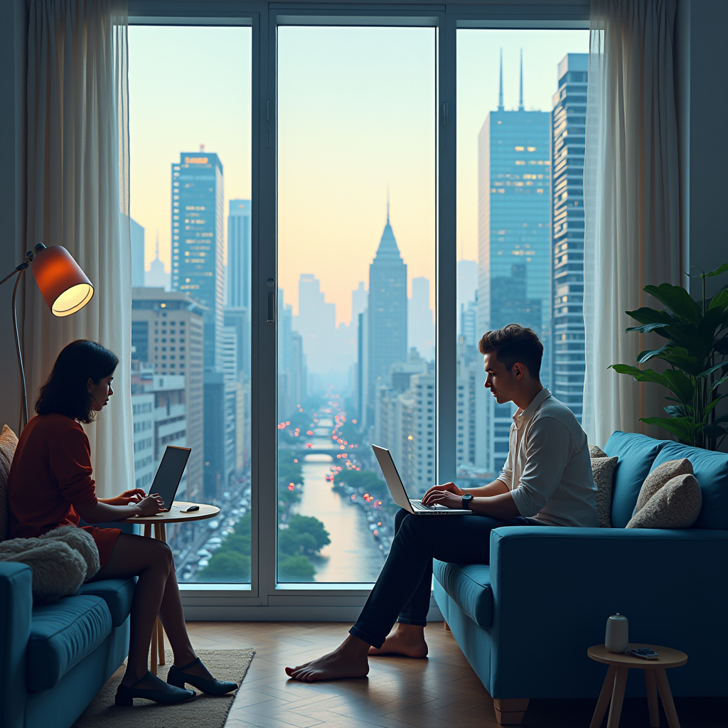 Two people working on laptops in a modern apartment with a stunning cityscape view through large windows.