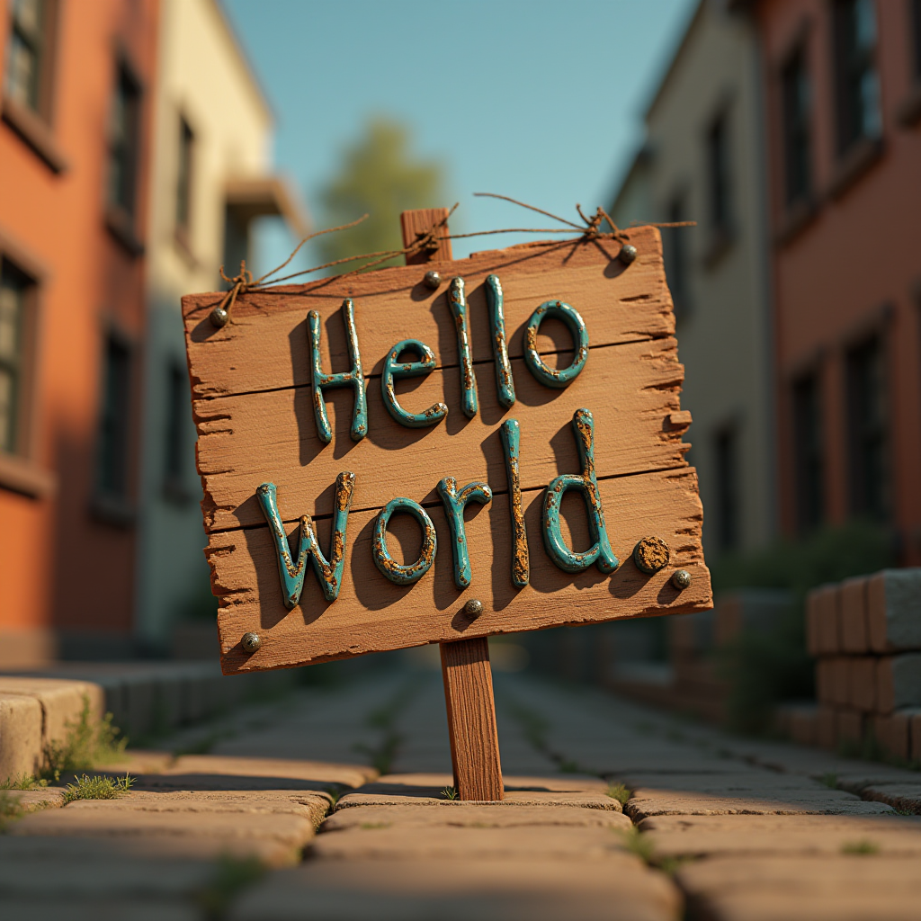 A wooden sign with 'Hello World' written on it is placed on a cobblestone path between buildings.