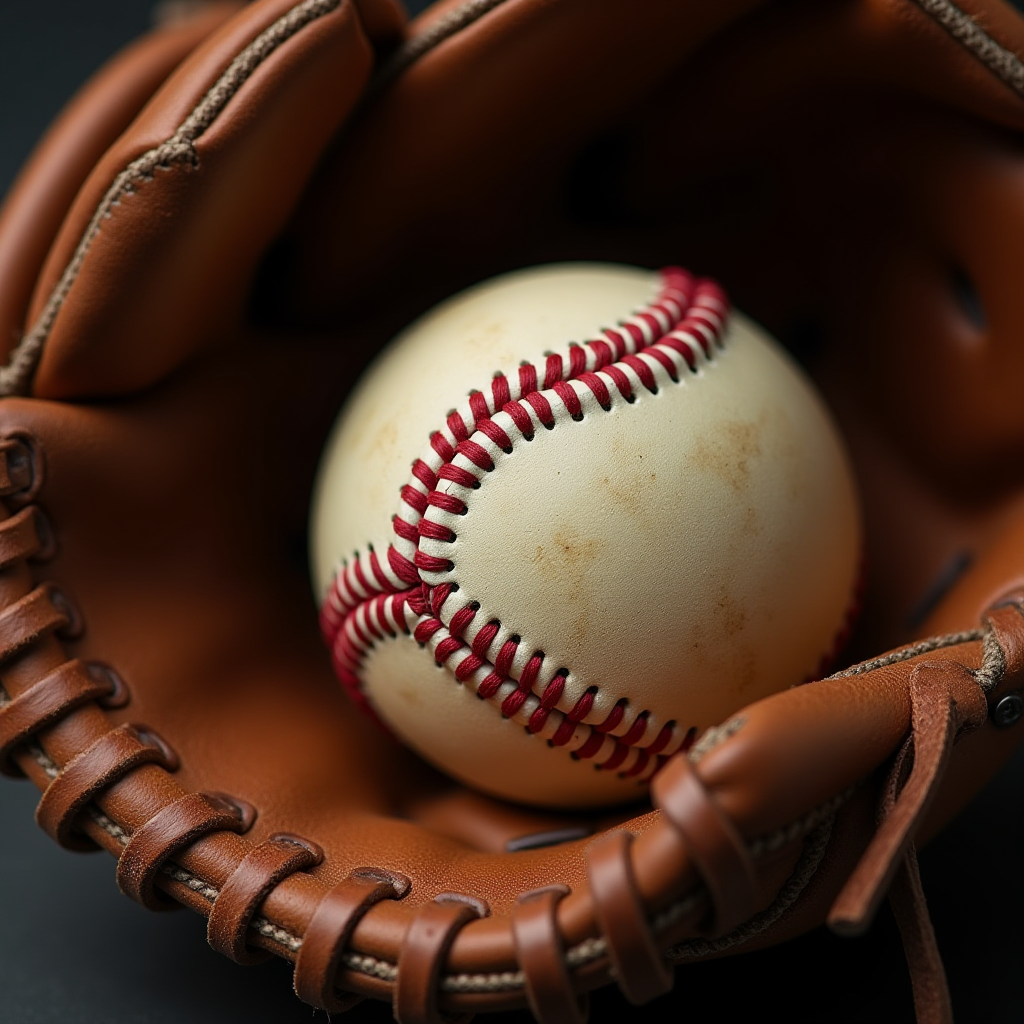 A weathered baseball with red stitching nestled inside a well-worn brown leather glove, capturing a sense of nostalgia and sport.