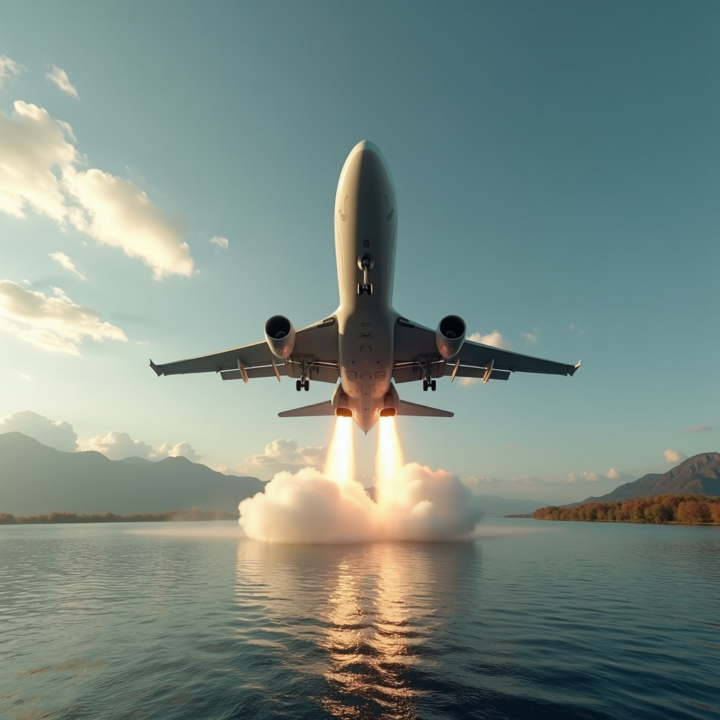 A commercial airplane using rockets to take off from a calm body of water against a serene mountainous backdrop.