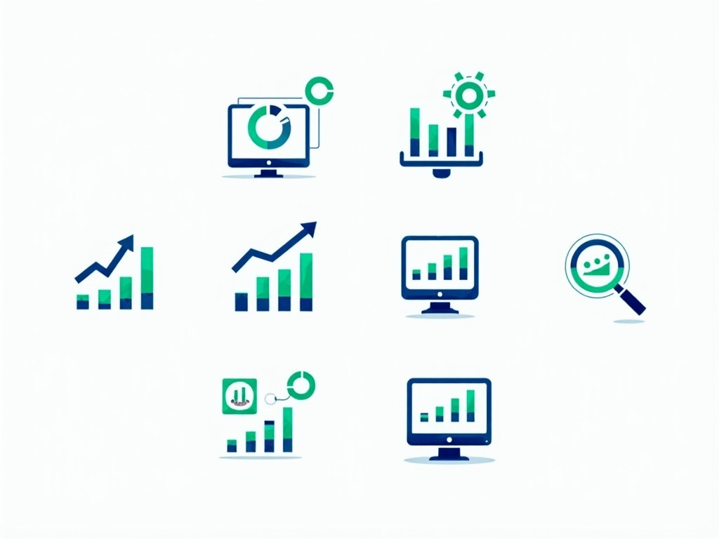 This image features a collection of digital icons representing data visualization and analytics. The icons include various graphs and charts, indicating growth and performance indicators. Each icon employs a green and blue color palette, which conveys a modern and professional feel. The design is minimalist, ensuring clarity and ease of understanding for viewers. These icons are ideal for use in business presentations or marketing materials related to data analysis and reporting.