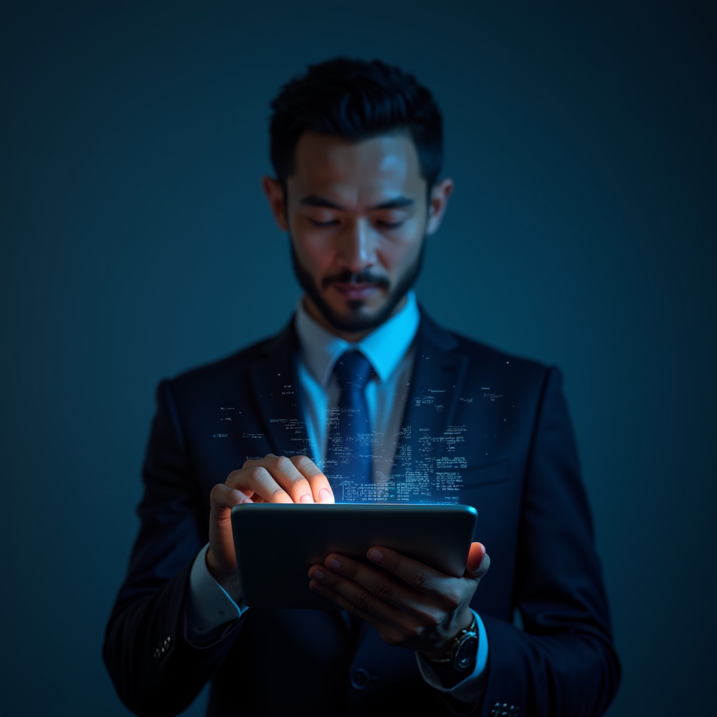 A man in a business suit interacts with virtual data projected from a tablet.