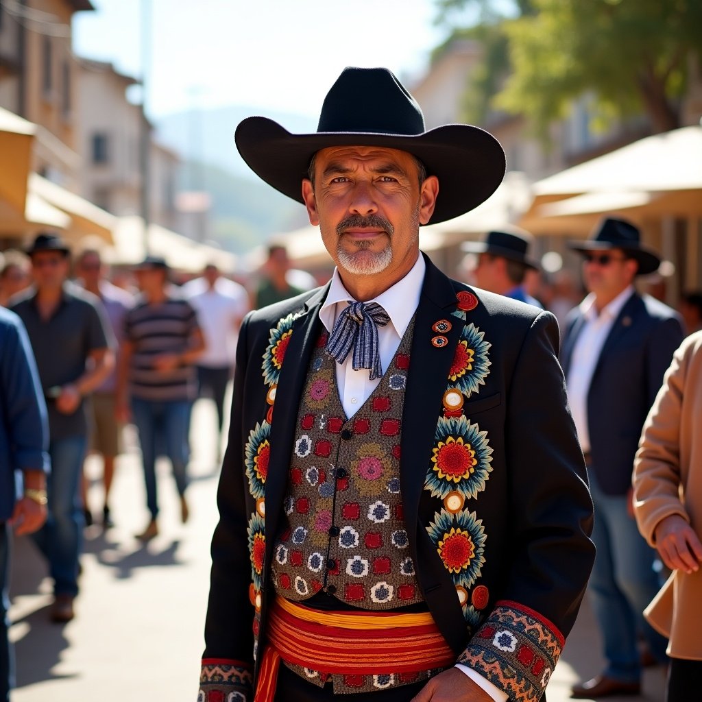 A man dressed in traditional Teavesti attire stands confidently in a vibrant street fair. His outfit is adorned with intricate floral embroidery and a wide-brimmed hat. The atmosphere is lively, with people in the background enjoying the festivities. Bright sunlight washes over the scene, highlighting the rich colors of his attire and the surrounding environment. The setting is a cultural celebration that showcases traditional clothing and artistry.