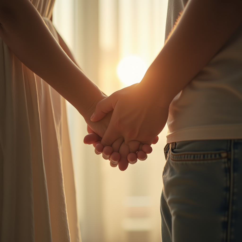 The image captures a heartwarming moment between two individuals holding hands, set against a backdrop of soft natural light. The scene focuses on their intertwined hands, suggesting warmth and connection. The lighting is golden and soothing, indicating either a sunrise or sunset, casting a gentle glow on their skin. The individuals are dressed in casual attire; one is wearing a white outfit, while the other is in jeans and a white top, creating a harmonious and intimate ambiance. The soft focus on the background emphasizes the hands, highlighting the emotional bond depicted in the image.