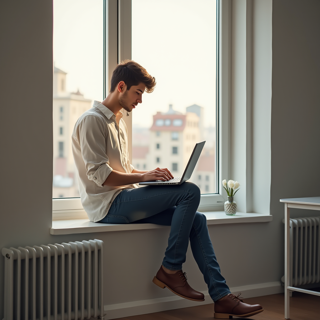 A young man sits on a windowsill using a laptop, with an urban backdrop visible through the window, and flowers nearby.