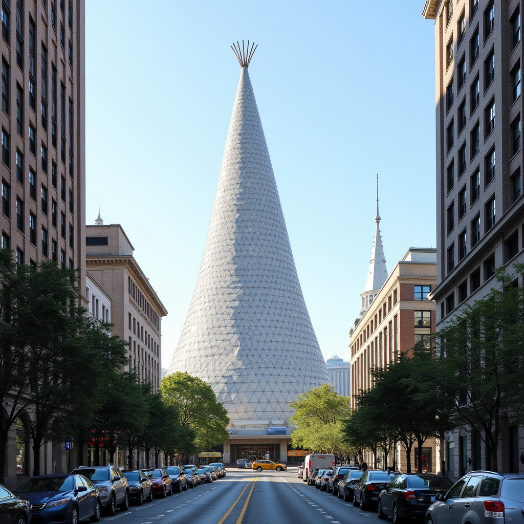 A street view features a striking, tall cone-shaped building with a mesh-patterned surface, surrounded by traditional multistory urban structures.