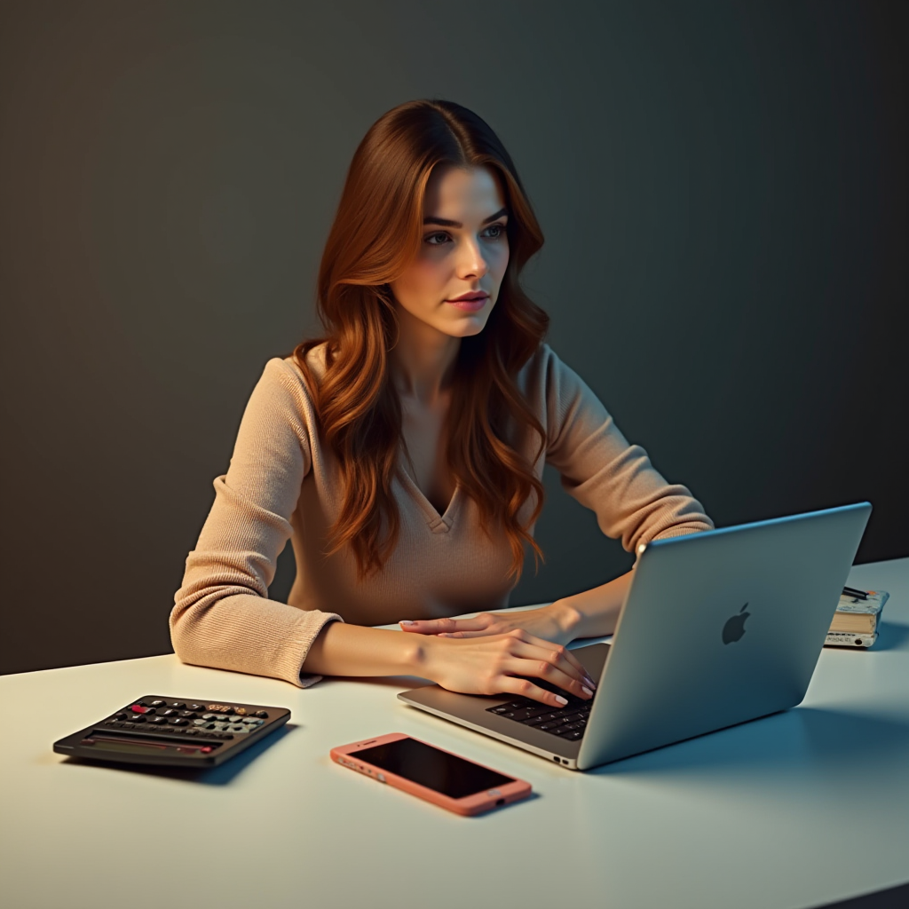 A woman with long hair is working intently at a laptop on a neat desk, accompanied by a smartphone and a calculator.