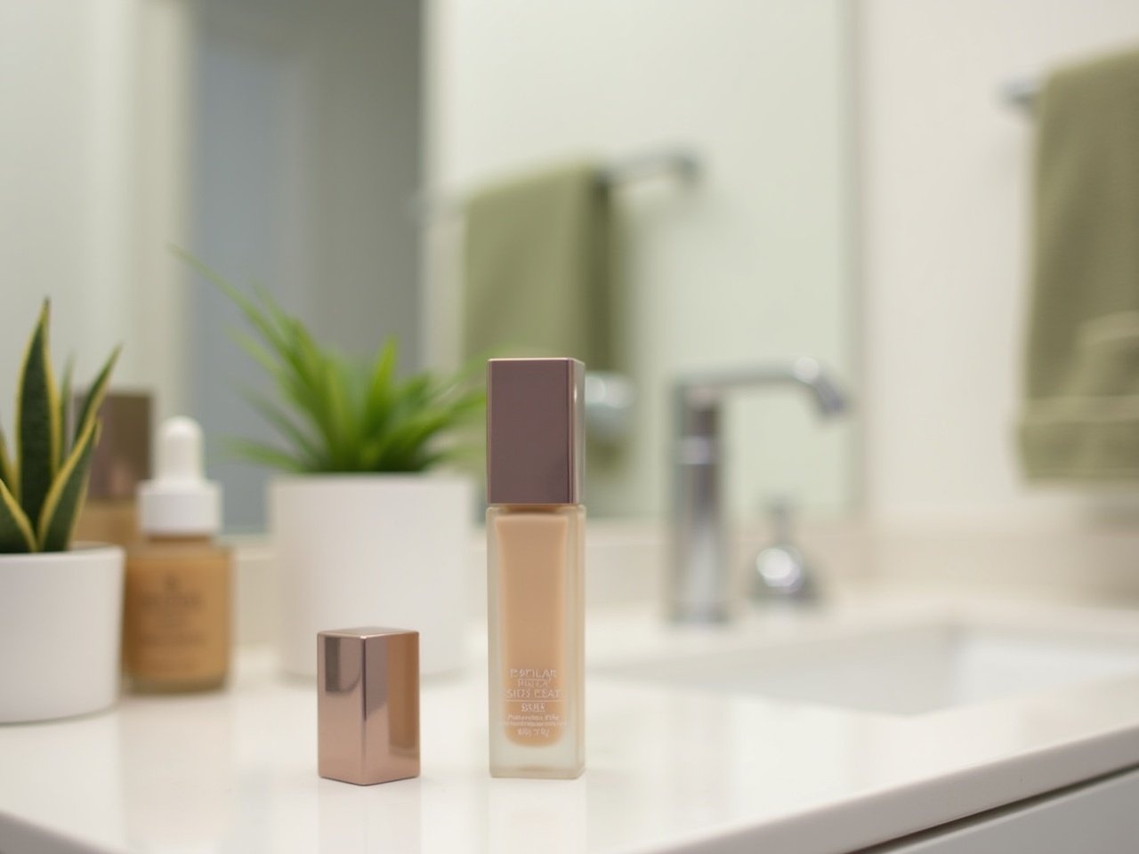 The image features a bottle of foundation set against a bathroom background. The bathroom is modern and clean, with soft lighting. There are hints of decorative items like plants and a mirror in the background. The focus remains on the foundation bottle, highlighting its sleek design. The overall ambiance is calming and inviting.