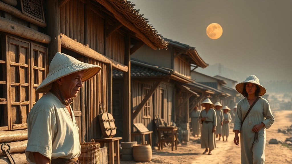 People in a rural village with wooden houses under a large, full moon and warm lighting.