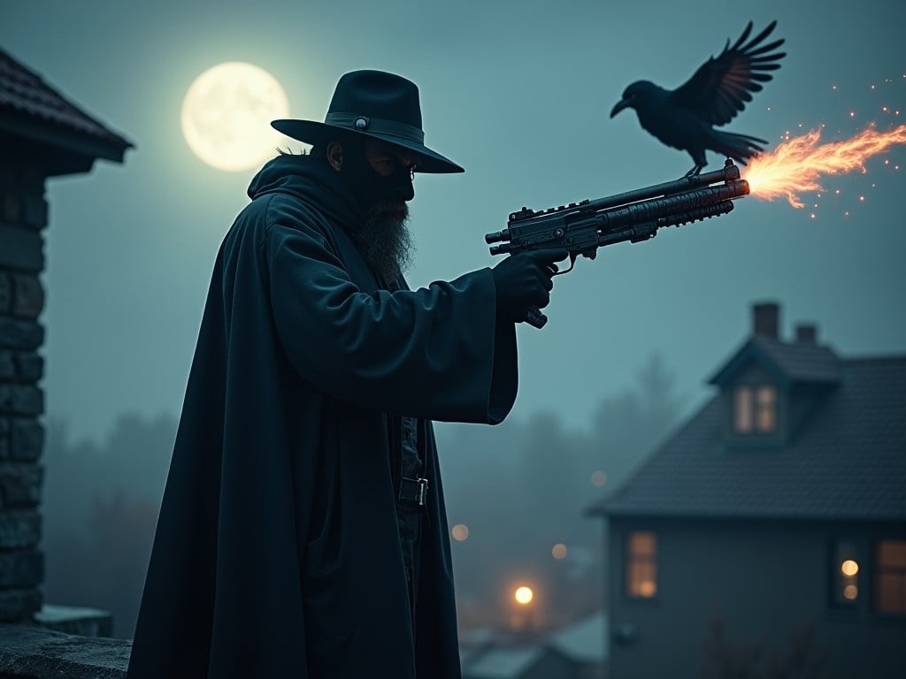 A mysterious figure stands in a shadowy urban landscape at night, hooded and cloaked, holding a futuristic pistol. The gun is firing a bright flame as a crow takes flight from the barrel, adding an element of the supernatural. The moon casts a faint glow over the scene, creating an eerie ambiance. The figure's face is obscured, enhancing the sense of mystery and tension. Nearby houses are faintly illuminated, contributing to the overall suspenseful atmosphere. This combination of elements evokes feelings of intrigue and danger.