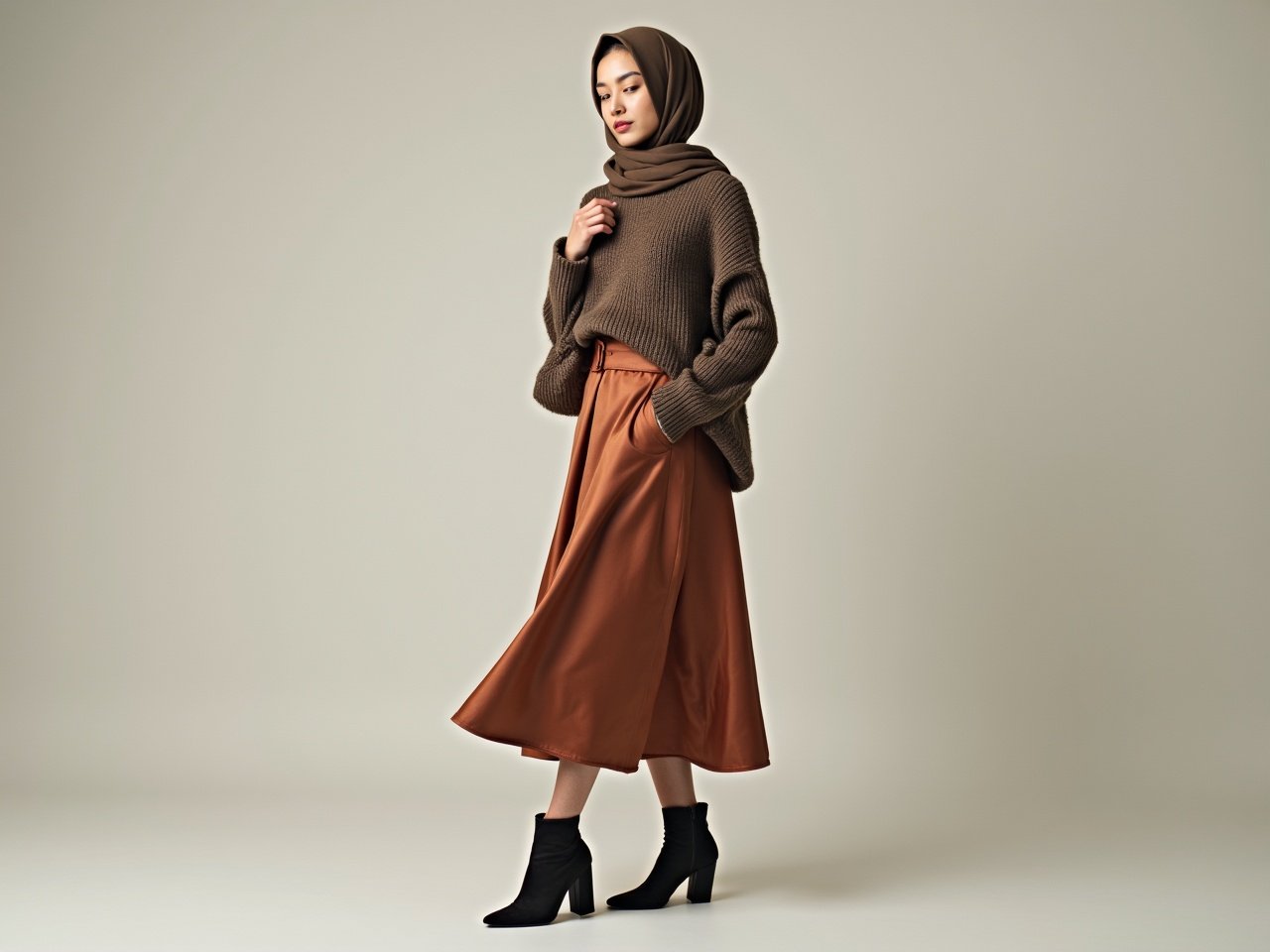 A woman elegantly poses in a stylish outfit, showcasing a loose, cozy sweater and a flowing satin skirt. She complements her look with a fashionable hijab and sleek sock boots. The combination of textures creates a chic appearance, perfect for both casual and semi-formal occasions. Soft, neutral lighting enhances the overall aesthetic, making the outfit stand out. This look reflects modern fashion while respecting cultural elements, appealing to diverse audiences.