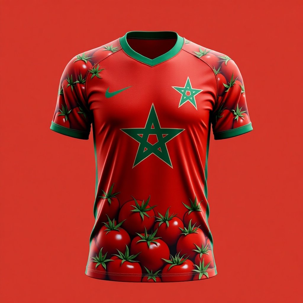 This design features a striking jersey for the Moroccan national football team, creatively incorporating a tomato theme. The jersey is primarily red with vibrant green accents. At the center, a prominent Moroccan star symbolizes the team's identity. The overall design is playful and eye-catching, making it stand out as a unique piece of sportswear. It blends elements of national pride with a fun, food-inspired twist, appealing to both football fans and fashion enthusiasts.