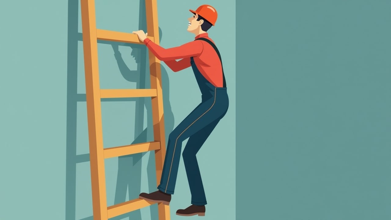 A worker wearing a red shirt and blue overalls is attempting to climb a wooden ladder. The ladder is set against a light blue wall. The worker seems to struggle because the rungs of the ladder are too far apart. He wears a hard hat for safety. The scene conveys a sense of effort and challenge in a construction context.