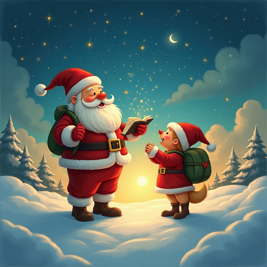 A joyful Santa Claus and a cheerful child stand in a snowy landscape at night. They are both wearing red and white festive attire, with Santa reading from a book. Magical stars twinkle in the sky, and a warm golden light emanates from the background, giving a sense of wonder. The child seems excited and amazed, gazing upwards, while Santa shares a story with delight. The snowy trees frame the scene, enhancing the festive atmosphere. Overall, the image captures the enchanting spirit of Christmas and the joy of storytelling during the holidays.