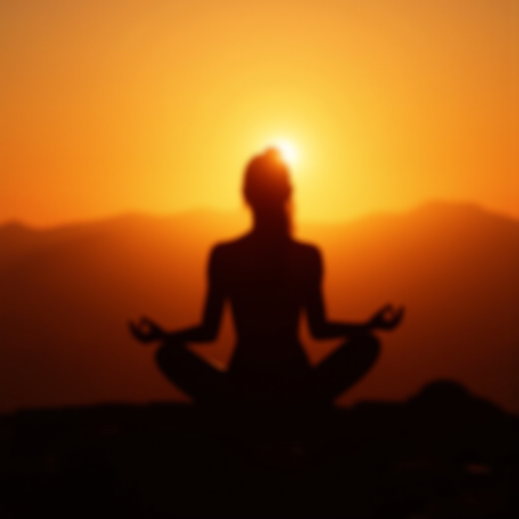 A person meditates in silhouette against a glowing sunset.