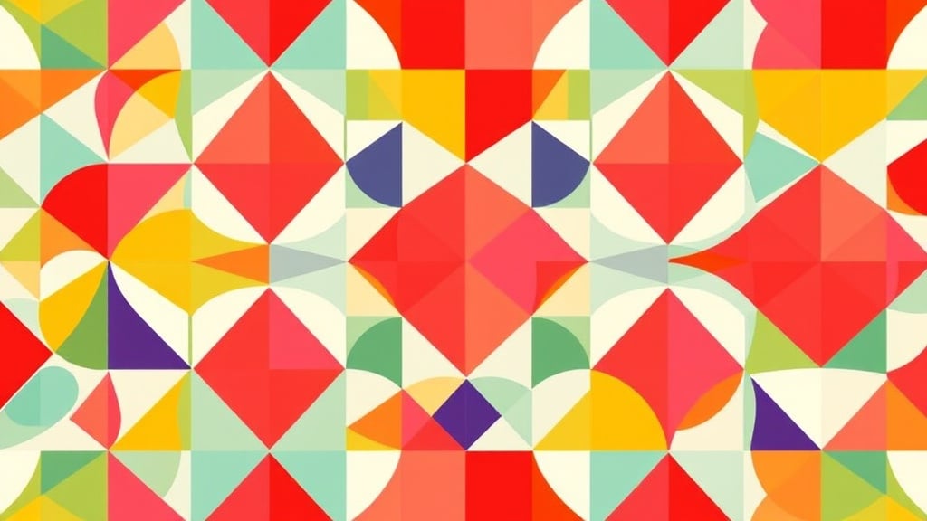 This image features a dynamic composition of geometric patterns, where squares, triangles, and circles blend seamlessly in an array of vibrant colors. The color palette includes reds, yellows, greens, and blues with crisp white backgrounds, creating a visually striking mosaic of shapes. The symmetry and variety in patterns evoke a sense of harmony and movement.