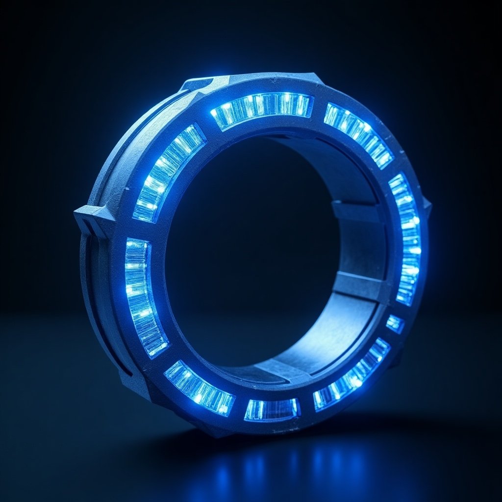 This image depicts a futuristic dynamic ring, reminiscent of Jarvis from Iron Man, but designed in a captivating blue hue. The ring is sleek and metallic, featuring illuminated sections that emphasize its technological sophistication. It is set against a dark background, allowing the blue glow to stand out prominently. The overall look is modern and high-tech, appealing to fans of science fiction and advanced technology. This ring could serve as a central piece in a sci-fi narrative or as a design for a cutting-edge gadget.