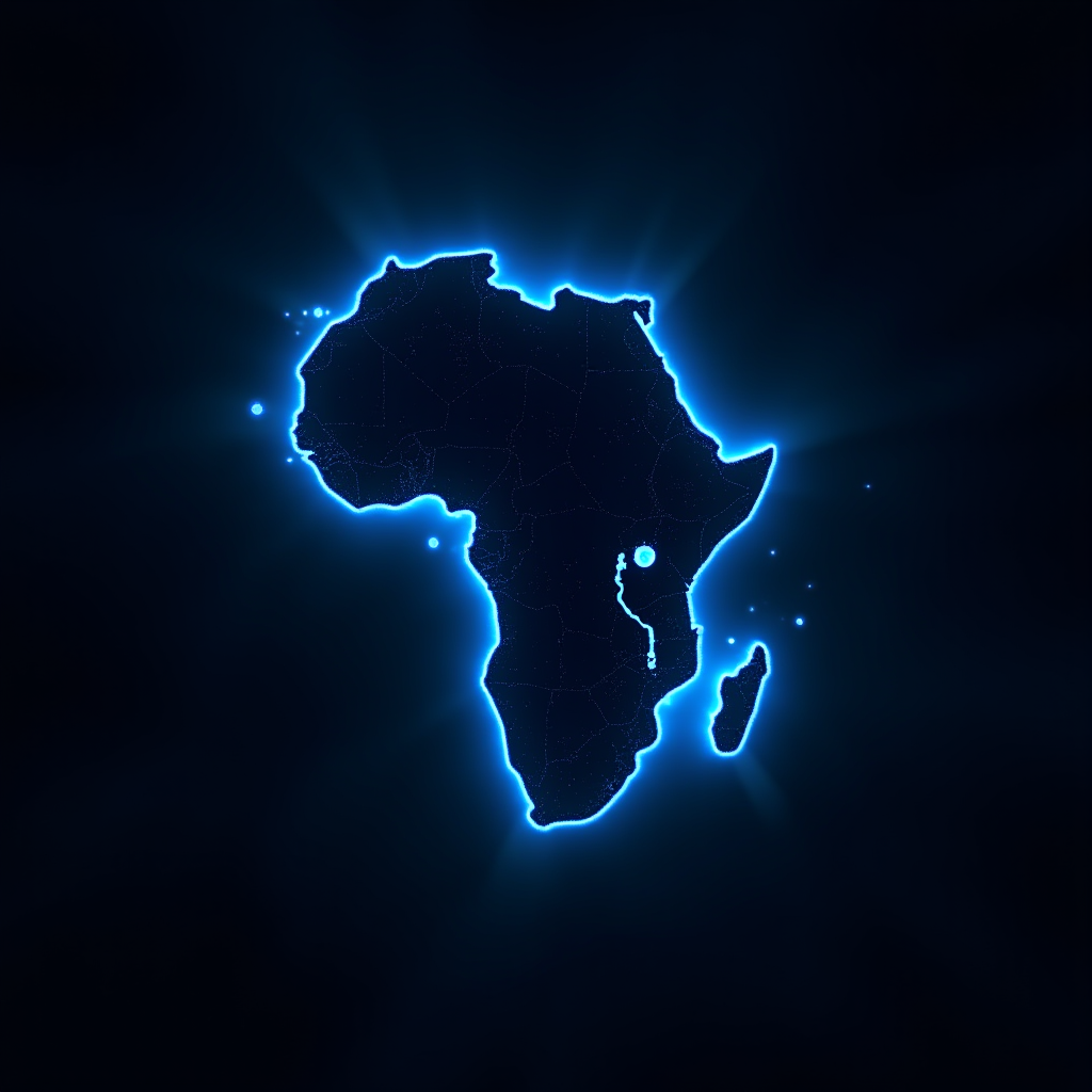 A glowing digital outline of the African continent on a dark backdrop.