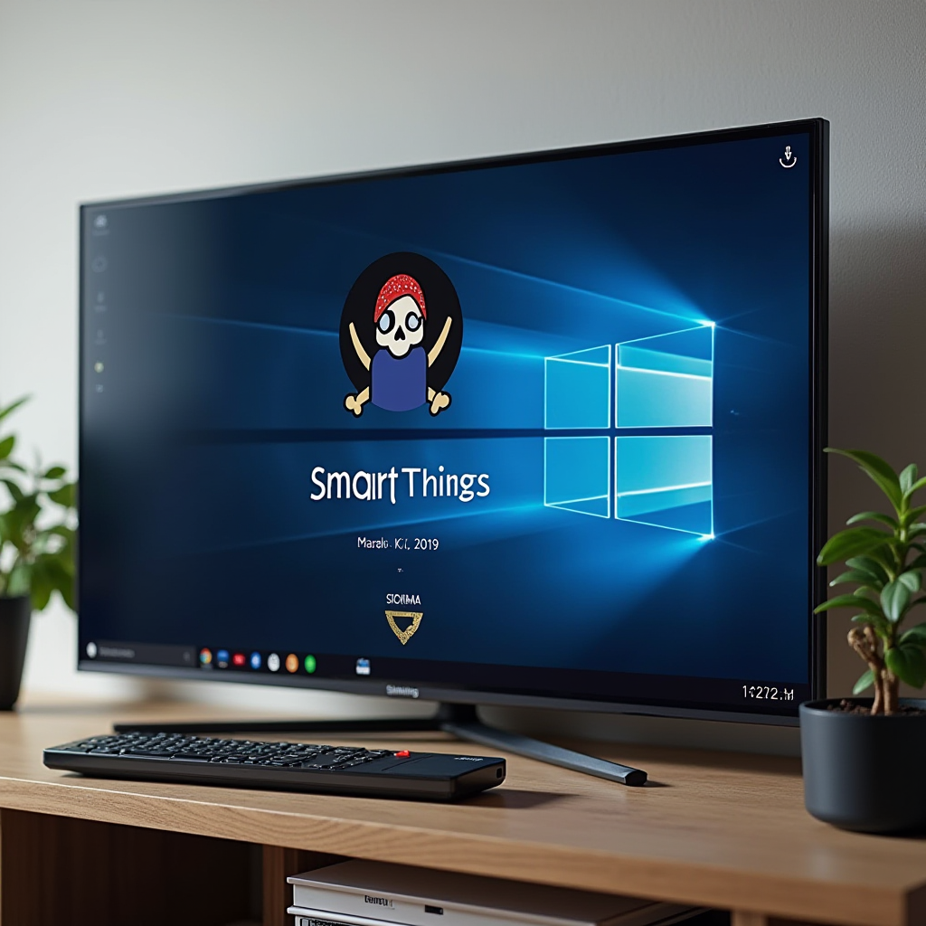 A television displaying a Windows-style interface with a comical skull and crossbones image is positioned on a wooden table, accompanied by a keyboard and a potted plant.