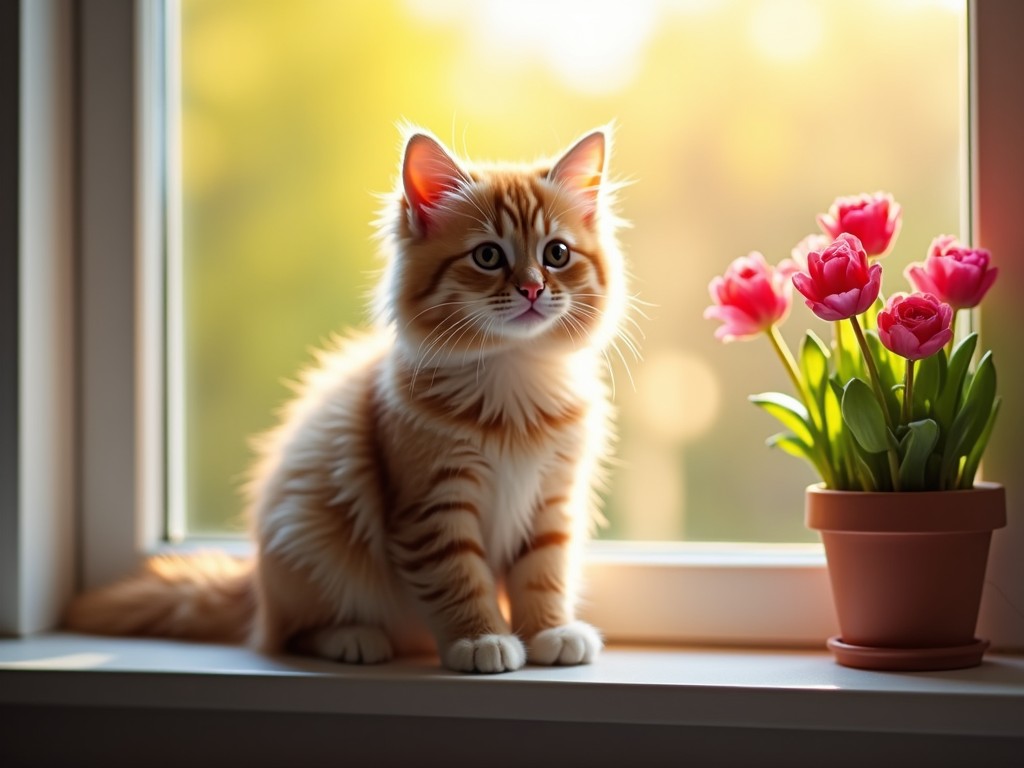 A fluffy orange kitten sitting on a windowsill next to a pot of pink tulips, with sunlight streaming through the window, creating a warm and cozy atmosphere.