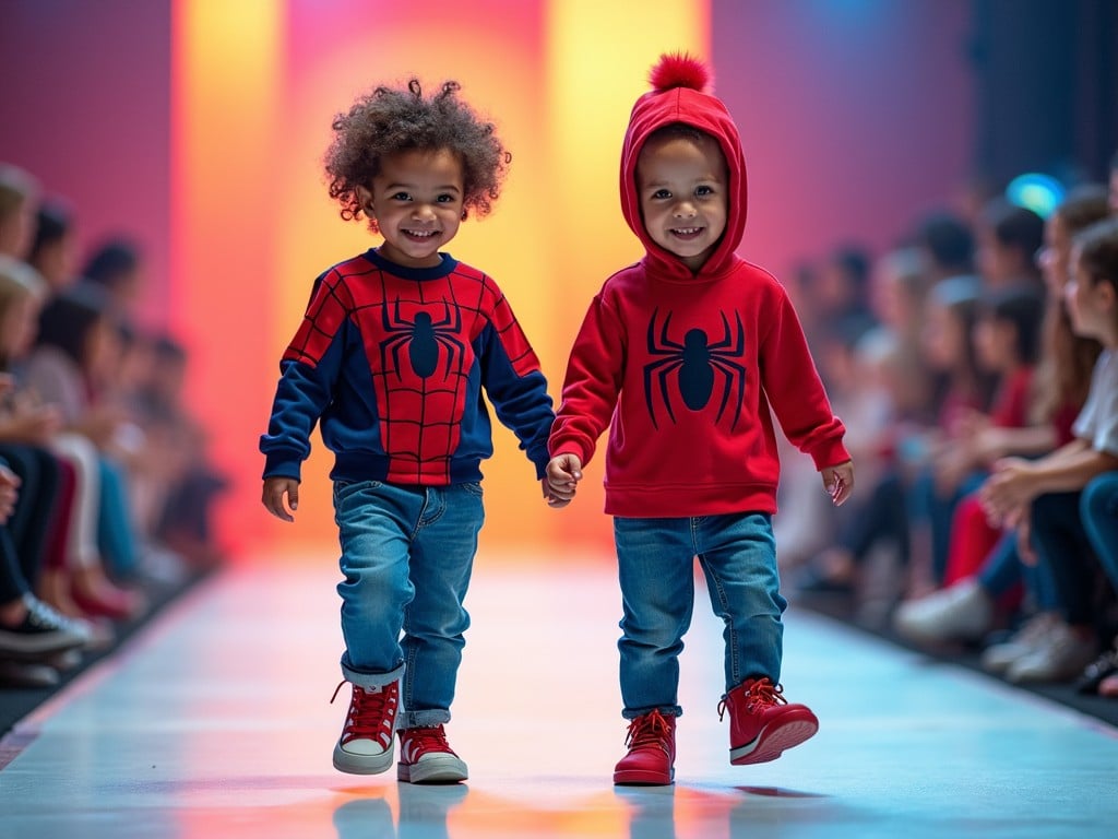 This image features two toddlers walking hand in hand down a vibrant fashion runway. Each child is dressed in Spider-Man themed outfits, with one wearing a red sweater adorned with Spider-Man graphics. The other toddler complements this look in a red hoodie with a spider logo. The runway is filled with bright, colorful lights that create a lively atmosphere. Spectators can be seen in the background, highlighting the fashion show setting. This joyful display encourages children’s fashion and showcases trendy outfits for young audiences. The focus on bright colors and playful themes captures attention and inspires both kids and parents.