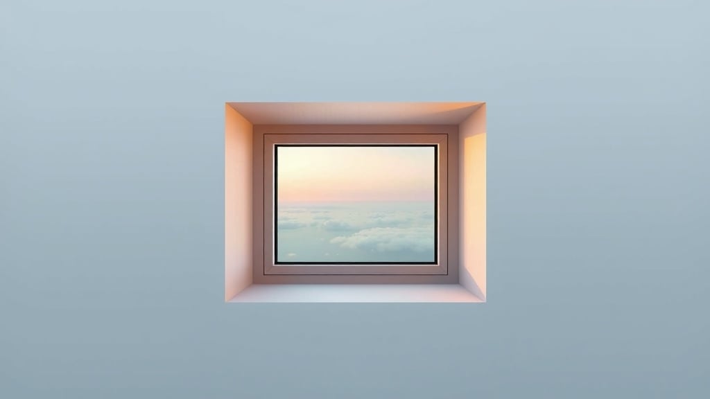 A minimalist window view revealing a serene sky with soft clouds.