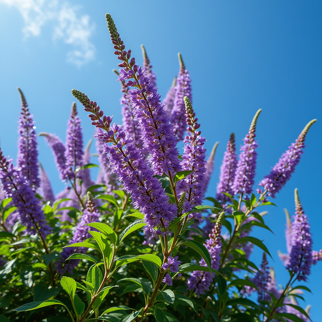 Lush purple flowers bloom against a bright blue sky.