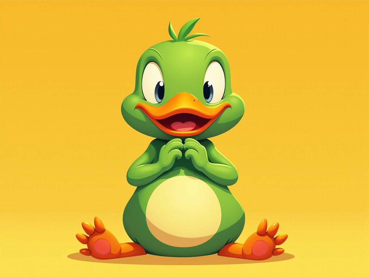 The image features a cartoon-like character that resembles a duck. This character has a round body, bright colors, and a playful expression. It is depicted sitting down with its hands clasped in front of it, suggesting a thoughtful or relaxed pose. The character's body is primarily green with orange accents, and it has a large, red beak and webbed feet. The background is a vibrant orange, which adds to the cheerful and whimsical feel of the image.