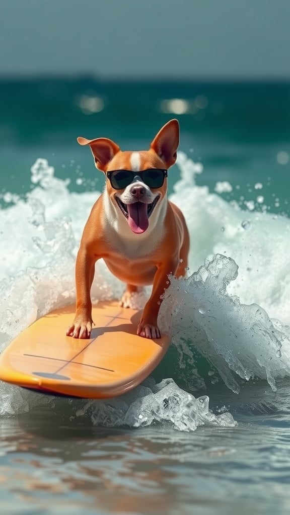 A cheerful dog wearing sunglasses rides a surfboard amidst ocean waves.