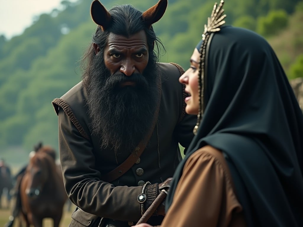 The image depicts a dramatic encounter between two characters, set in a medieval fantasy world. The man has distinct horn-like features and a thick beard, dressed in rustic clothing, suggesting a leader or warrior type. The woman, adorned in a flowing dark veil, appears startled and engaged in an intense dialogue. The environment includes a blurred backdrop of trees and possibly horses, hinting at a larger narrative. The characters' expressions convey deep emotions, possibly tension or conflict, inviting the viewer into their story.