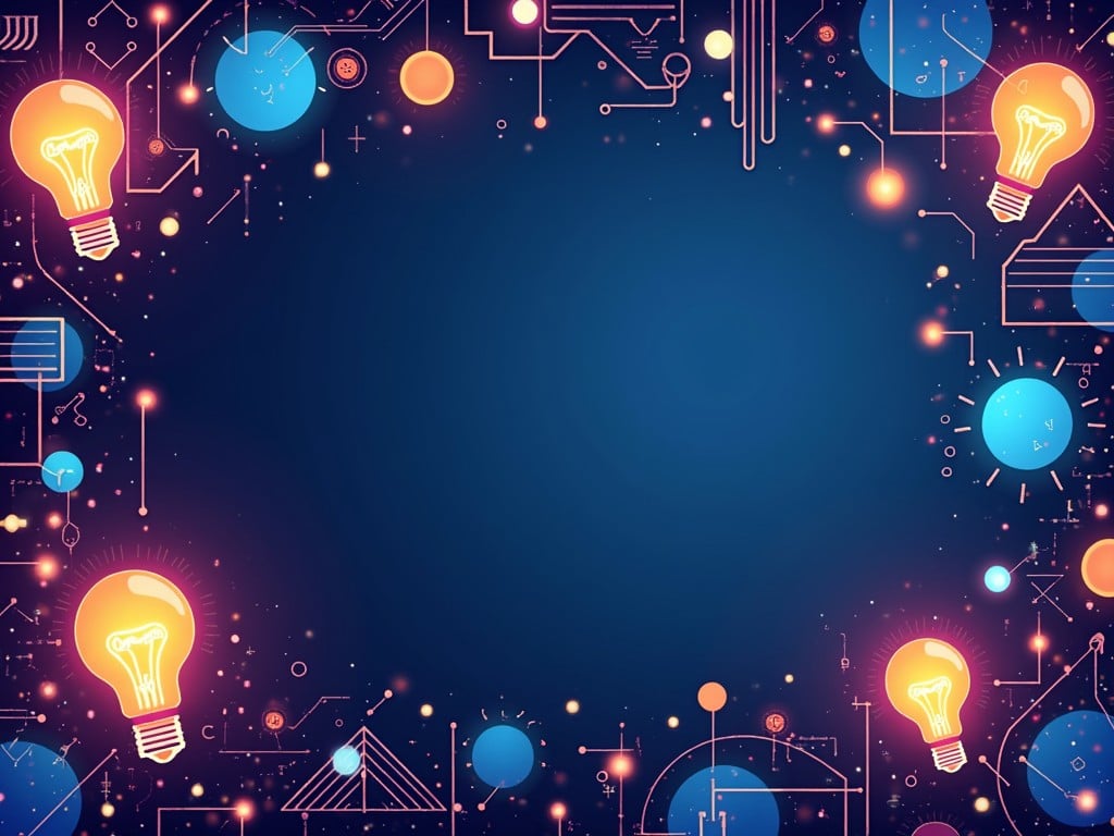 This digital artwork features a vibrant blue background adorned with glowing lightbulbs and abstract geometric shapes arranged around the edges. The lightbulbs, in warm tones of orange and yellow, symbolize innovation and creativity amidst the intricate network of lines and circuits.