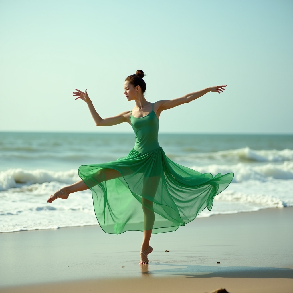 A woman in a flowing green dress gracefully dances on a beach with the ocean waves behind her.