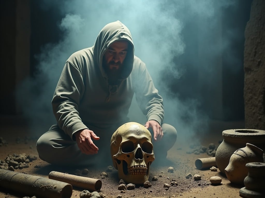 A mysterious person in a hooded cloak kneels in a dimly lit cave surrounded by ancient artifacts and a large skull, with mist swirling around.