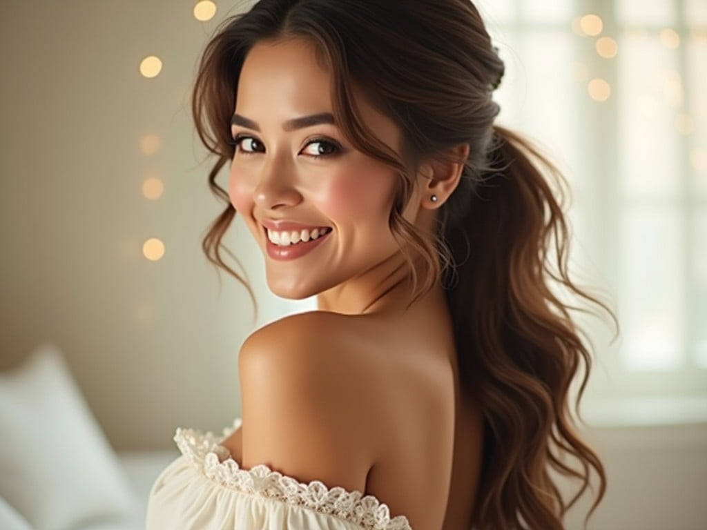 a young woman with long hair smiling in soft, warm lighting, wearing an off-shoulder top