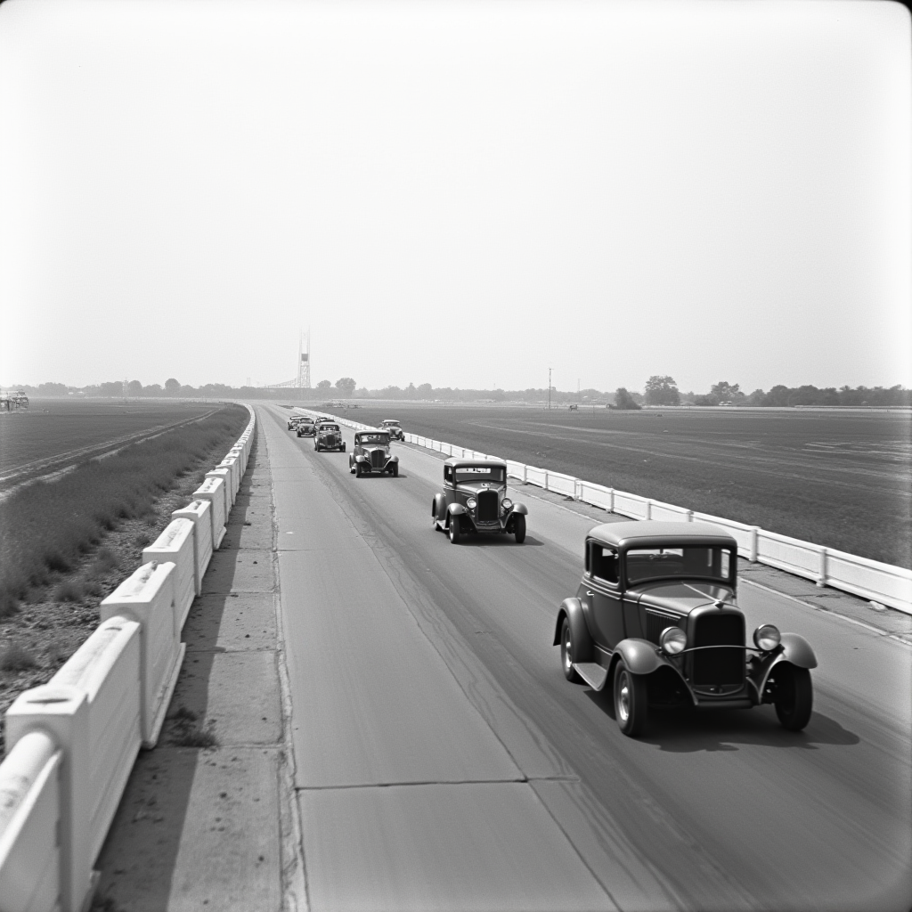 A line of vintage cars driving on a rural road under a clear sky.