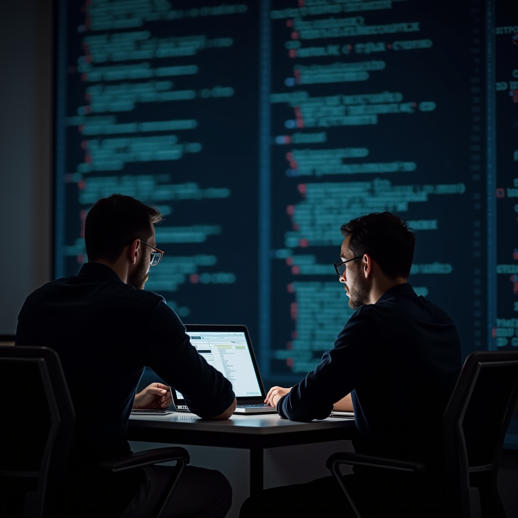 The image depicts two individuals seated at a desk, engrossed in work on their laptops. They appear to be in a dimly lit room or office, with the glow of the screens illuminating their faces. Both individuals are wearing glasses and formal attire, suggesting a professional environment. In the background, there is a large projection or digital screen displaying extensive lines of code, underscoring the computing or programming setting. The scene conveys a sense of focus, collaboration, and technical expertise in a modern workspace.