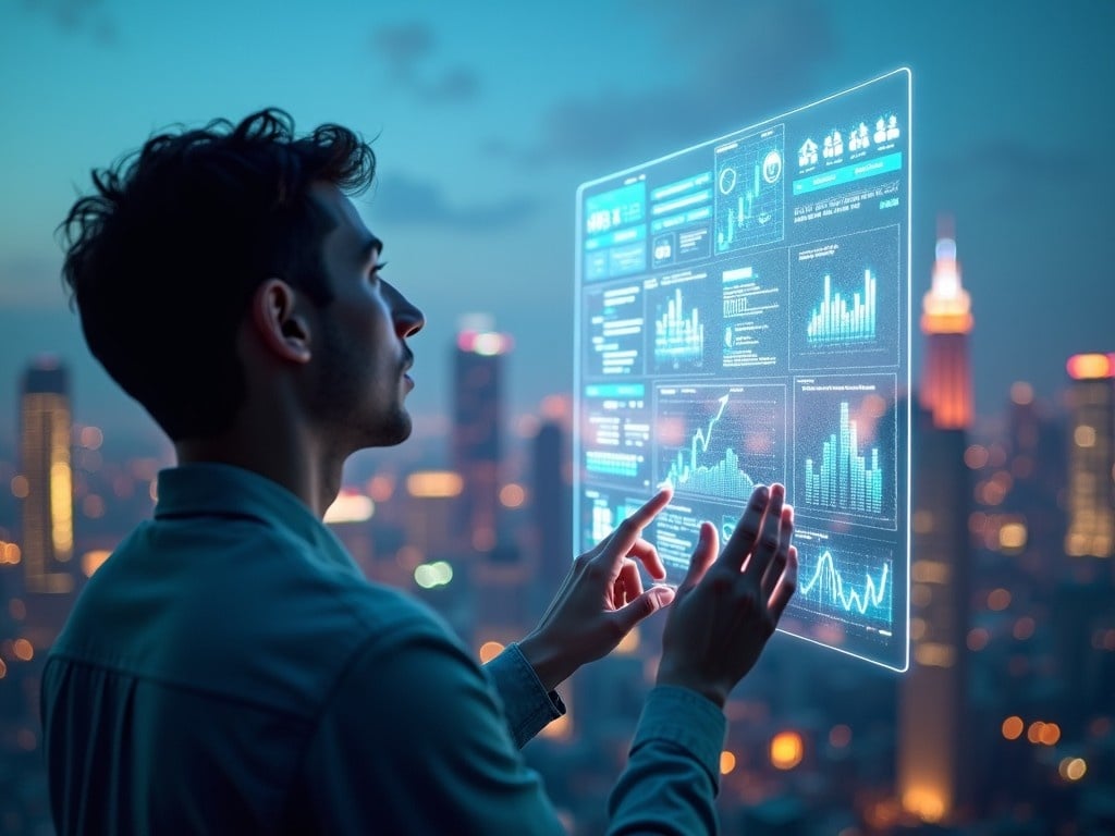 The image showcases a man interacting with a transparent, luminous computer interface. The interface displays various data analytics and graphs. He stands against a city skyline at twilight, suggesting a modern and technological environment. The glowing interface contrasts with the darker backdrop of city buildings. The overall mood evokes a sense of innovation and forward-thinking in the realm of technology and analytics. The image captures the essence of how technology interfaces with urban life in a meaningful way.