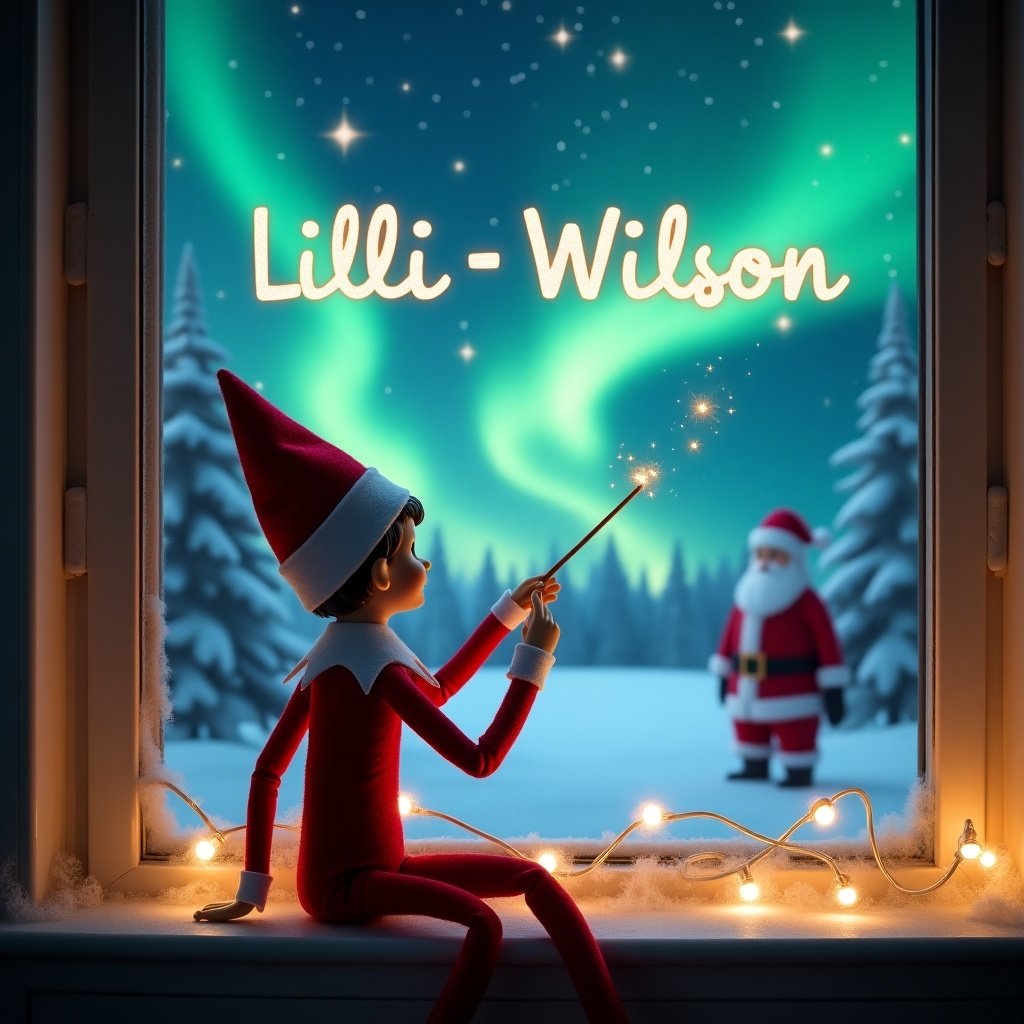 The image depicts a magical Christmas scene featuring an Elf on the Shelf. The elf sits on a window sill, facing away from the viewer. With a wand, it appears to be writing names in the air. Behind the elf, the northern lights glow in a starry sky. In the distance, Santa Claus is visible in a snowy landscape. Soft lights add a warm, festive touch to the overall atmosphere.