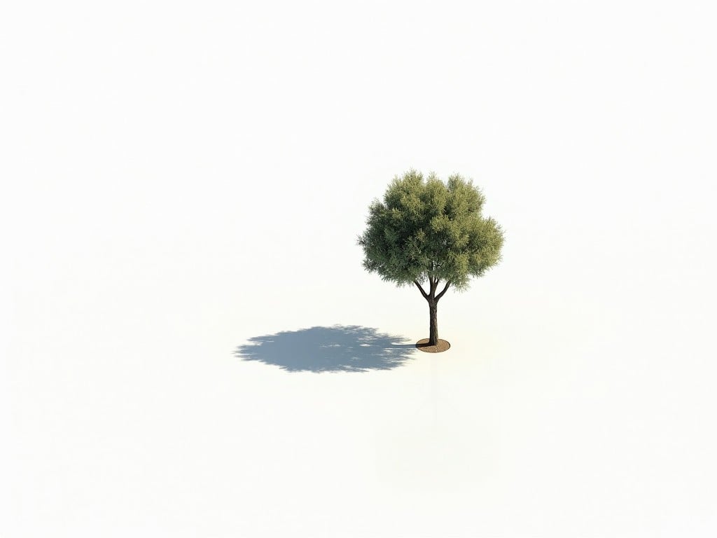 This image features a minimalist white background with a single olive tree centrally placed. The tree has lush green foliage and stands out against the plain background. The tree casts a sharp shadow that extends to the left, which is high-contrast and well-defined. The simplicity of the image emphasizes the elegance of the tree, while the long shadow adds depth. The overall composition evokes a sense of tranquility and clarity in design.