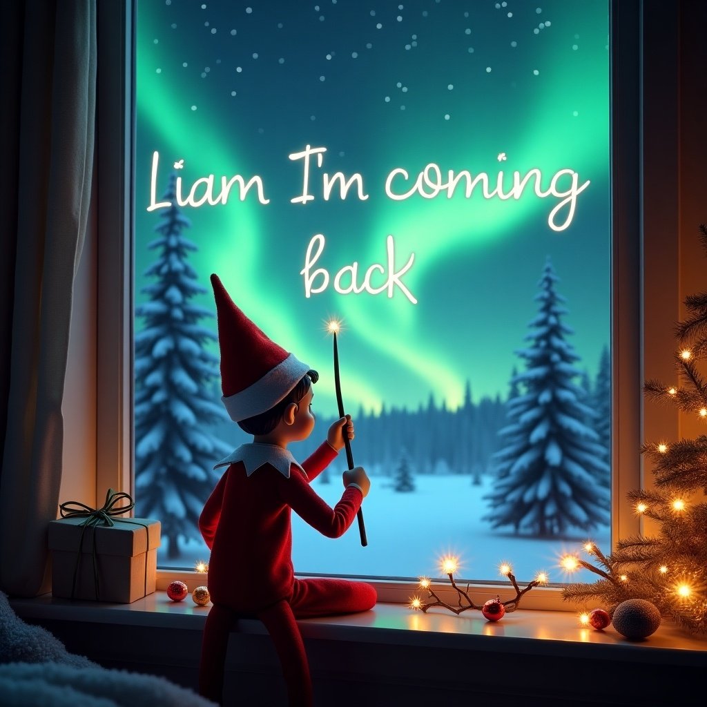 The image features an elf on the shelf with his back to the viewer, gazing out a window into a magical Christmas night. He is using a wand to write 'Liam I’m coming back' in the sky. The background displays beautiful Northern Lights illuminating the scene. Snow-covered trees can be seen outside, creating a winter wonderland. The room is cozy and decorated for Christmas, enhancing the festive atmosphere.