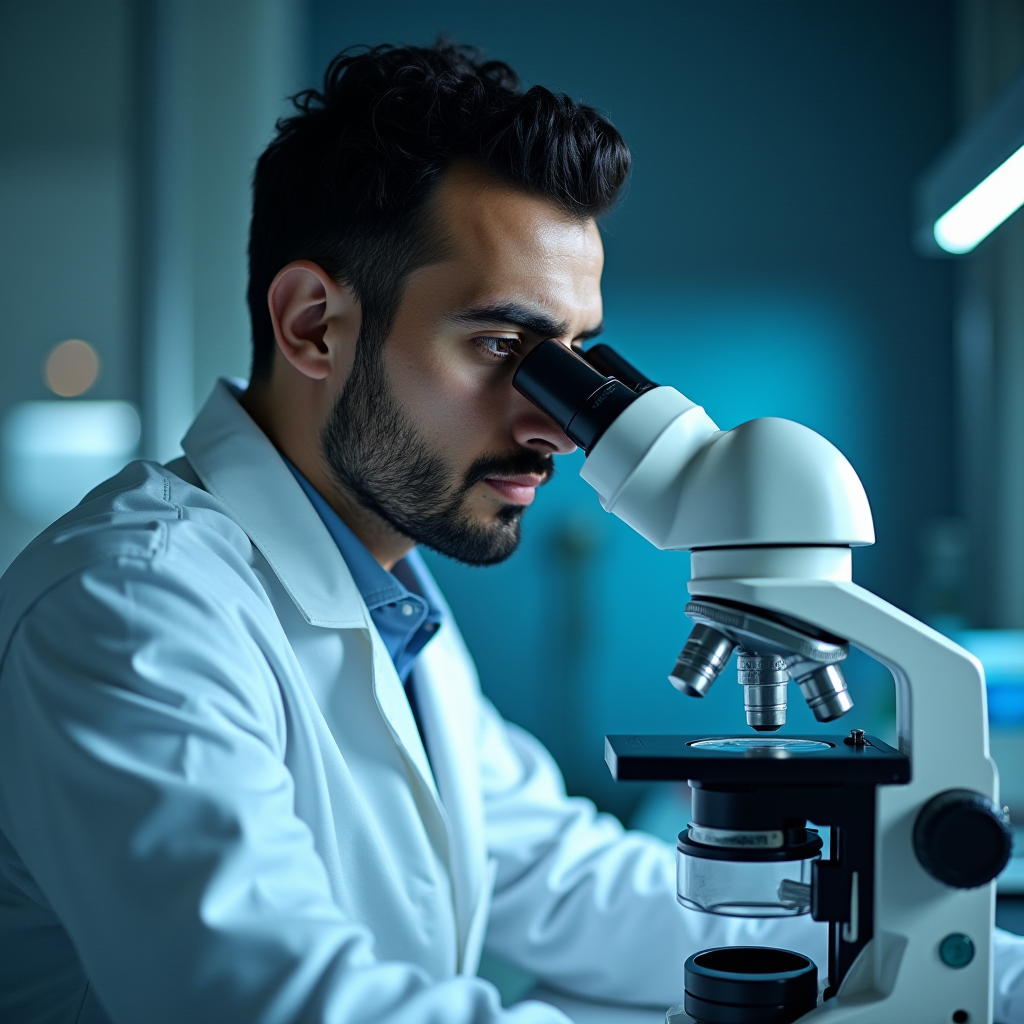 A scientist in a white lab coat concentrates intently while looking through a microscope in a laboratory.