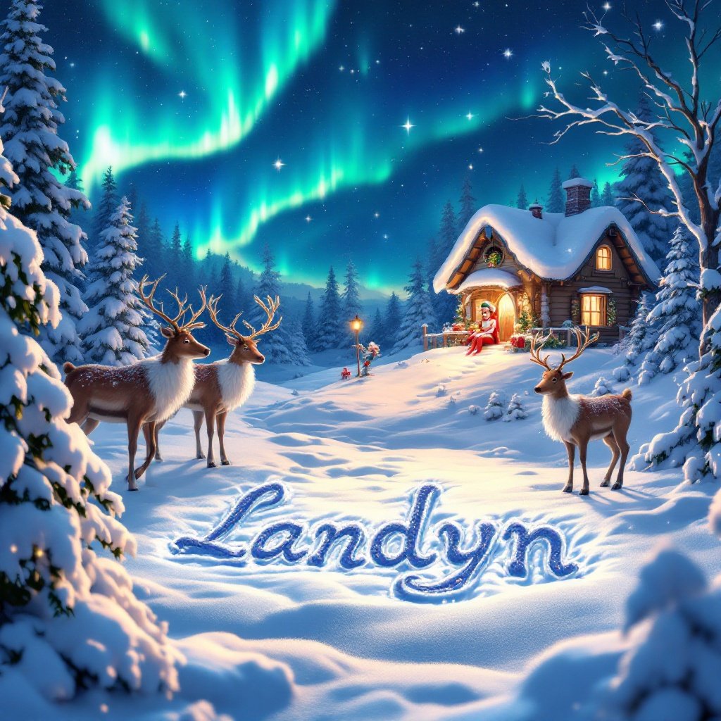 An enchanting Christmas scene featuring an elf on the shelf sitting in the snow. The northern lights shine vibrantly in the night sky above. Two reindeer are positioned nearby, adding to the festive atmosphere. In the foreground, the name 'Landyn' is beautifully written in the snow. A cozy Santa's cottage is visible in the background, illuminated warmly. This magical imagery captures the essence of the holiday season and evokes feelings of joy and wonder.