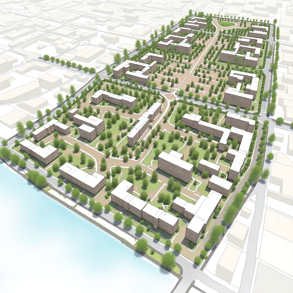 This image presents an aerial view of an urban planning design. The layout features a series of buildings distributed among green spaces. Tree-lined pathways connect various sections of the community, emphasizing sustainability. The design incorporates a blend of residential and communal areas. Water features are visible, enhancing the overall aesthetic of the space.